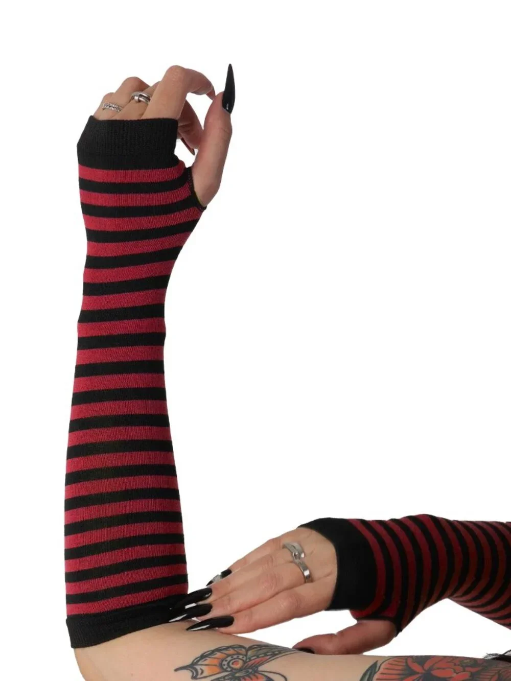 Red & Black Striped Fingerless Gloves for Women